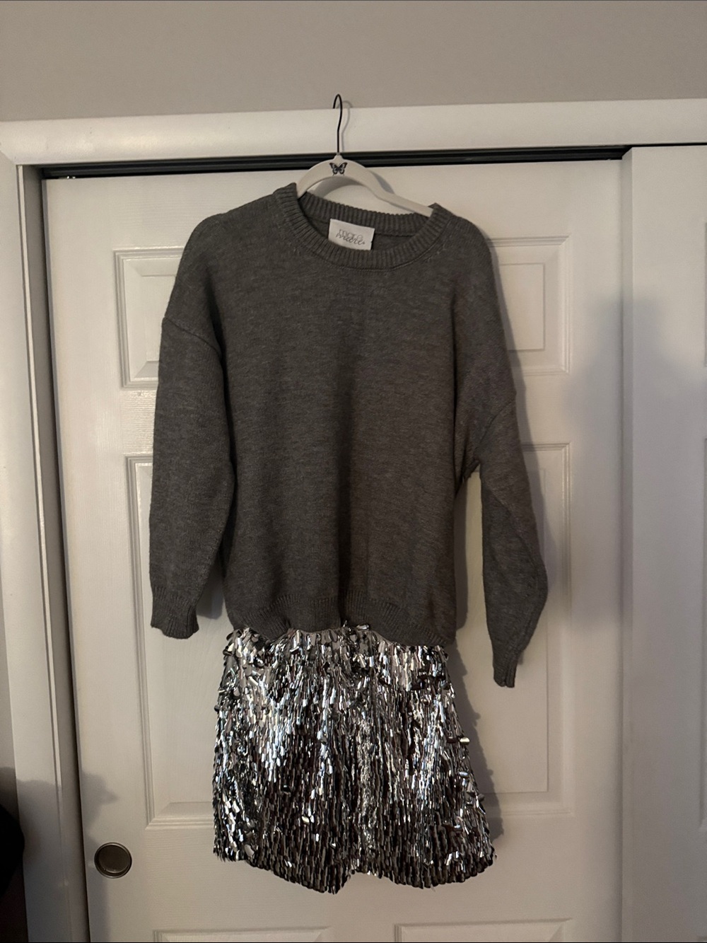 Anthropologie Gray Sweater with Silver Sequin Mini Skirt
